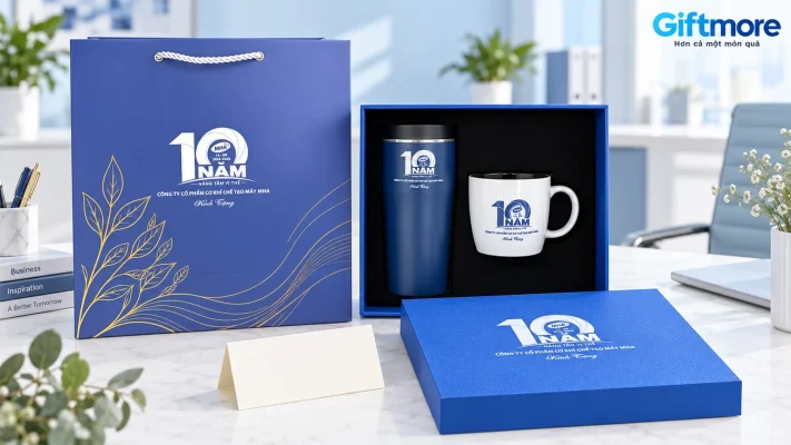 Bộ bình xanh và cốc trắng in dấu mốc mười năm trong hộp và túi xanh