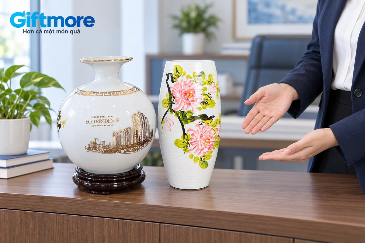 Bình tròn trên đế và lọ hoa rỗng đặt trên tủ văn phòng
