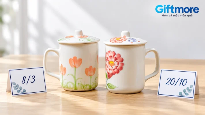 Hai cốc hoa có nắp cạnh hai thẻ giấy ghi 8/3 và 20/10