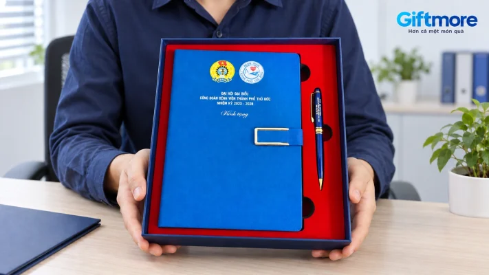 Người phụ trách cầm hộp sổ xanh và bút có nhận diện công đoàn bệnh viện