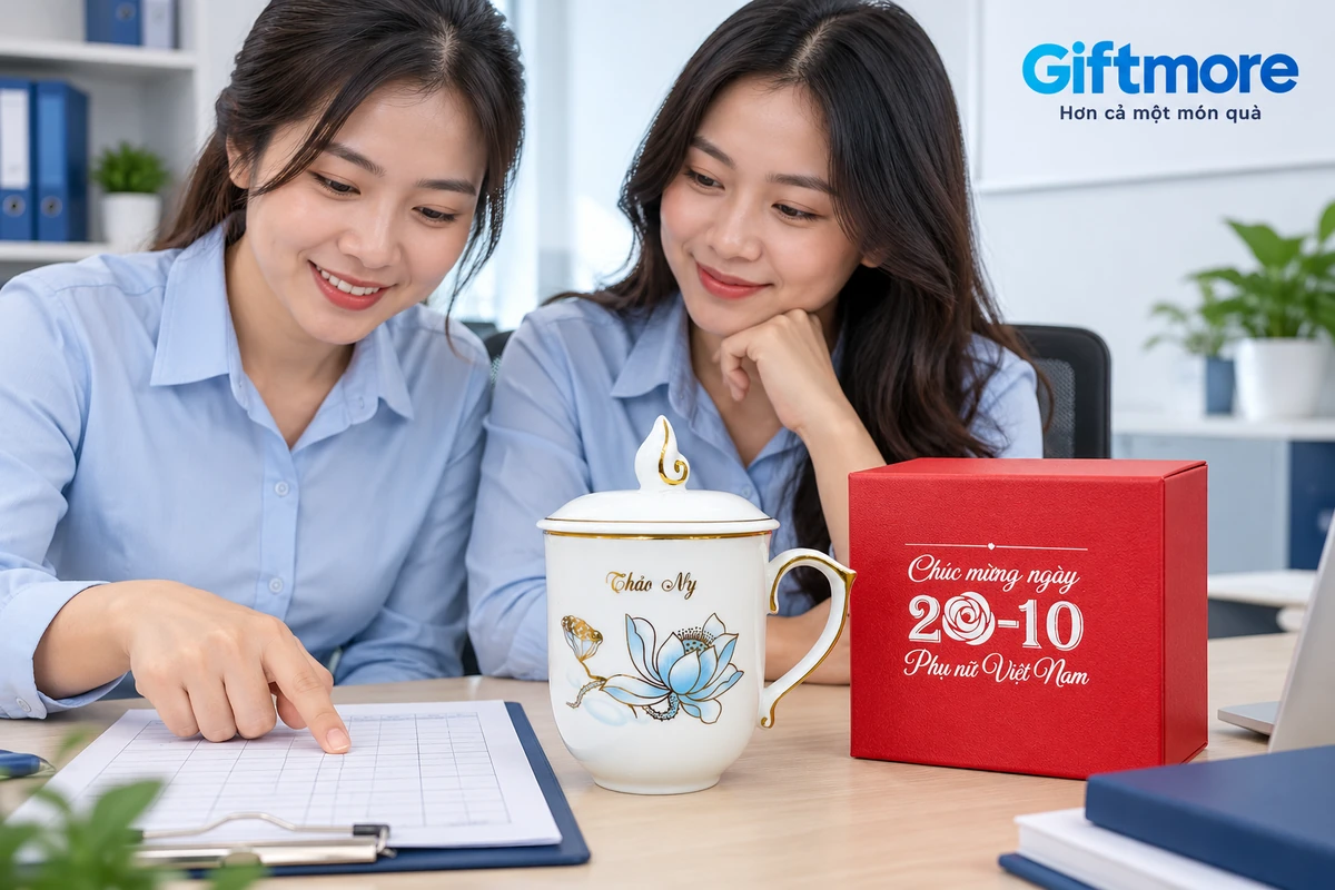 Hai người xem bảng trống cạnh ly tên Thảo My và hộp đỏ