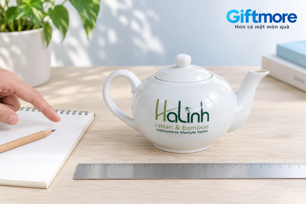 Mẫu ấm trắng HaLinh cạnh giấy ghi và thước để chuẩn bị đo phần ngoài cùng gồm quai và vòi