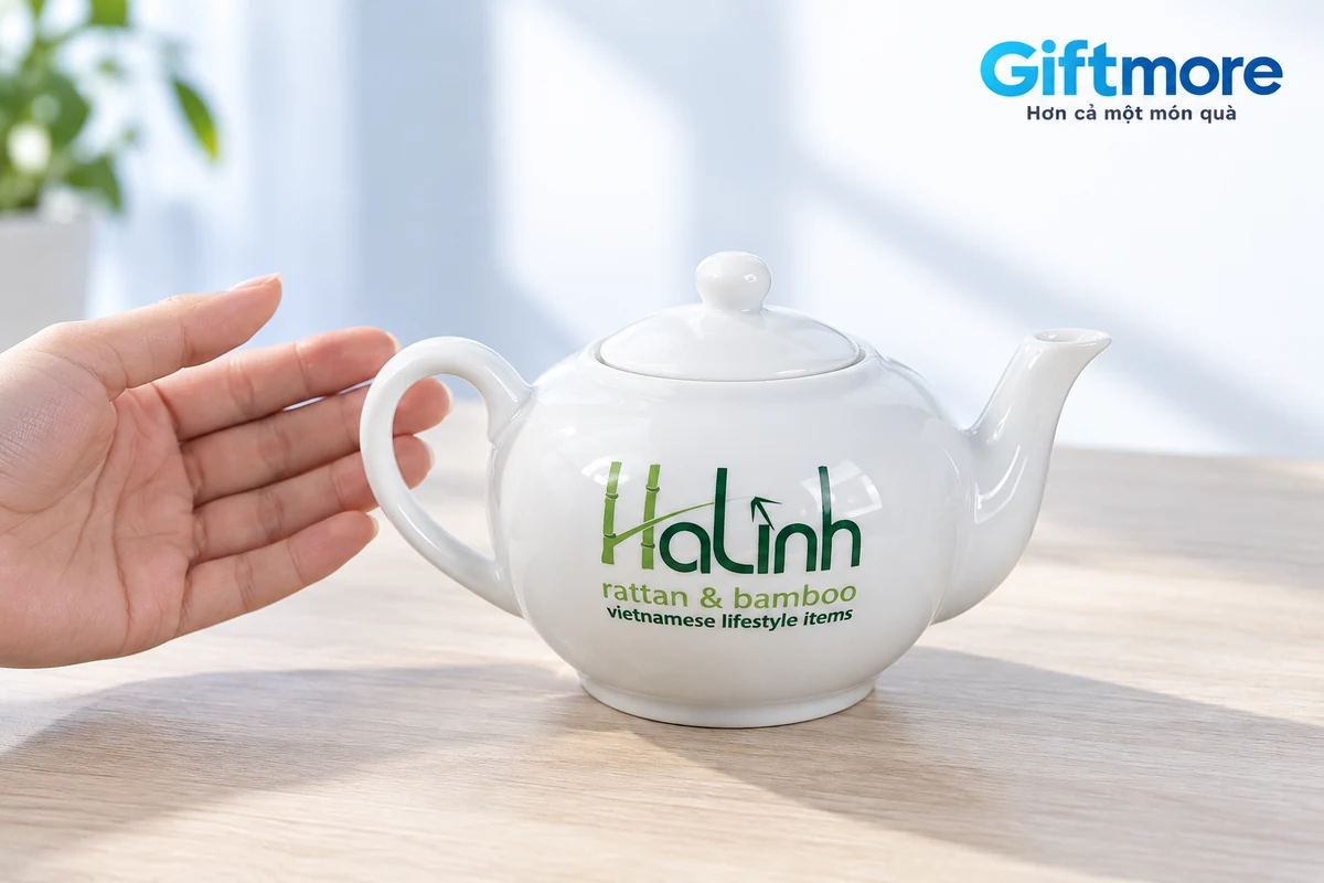 Cận mẫu ấm trắng HaLinh với quai, nắp và vòi giữ nguyên hình dáng thật