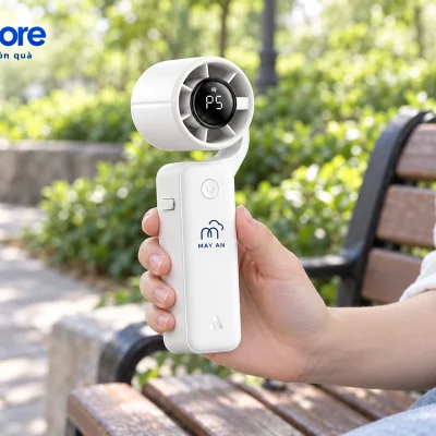 Mô phỏng bàn tay cầm quạt PF04 trắng demo MAY AN tại ghế nghỉ ngoài trời có bóng cây