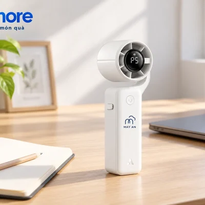 Mô phỏng quạt PF04 trắng demo MAY AN trên bàn làm việc cạnh sổ và máy tính gập