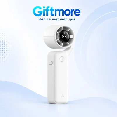 Quạt AECOOLY AirGimbal PF04 trắng, đầu tròn lệch trên tay cầm chữ nhật bo góc trên nền GiftMore