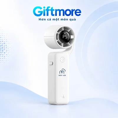Demo biểu tượng nét vòm mây và MAY AN màu xanh đậm trên tay cầm quạt PF04 trắng