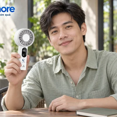 Mô phỏng người trưởng thành cầm Halo 03 trắng demo LUNO khi ngồi nghỉ dưới bóng râm ở sân hiên