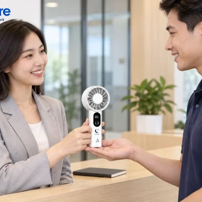 Mô phỏng trao quạt Halo 03 trắng demo LUNO tại quầy đón tiếp văn phòng