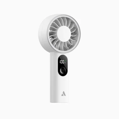 Ảnh nguồn Halo 03 PE01 trắng với lưới cong, màn hình đen và nhãn A ở dưới tay cầm