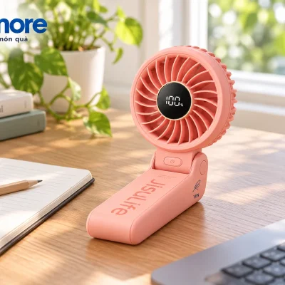 Mô phỏng Life 7 hồng gập tay cầm nằm trên bàn, đầu quạt dựng lên cạnh sổ và máy tính