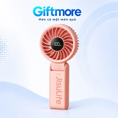 Quạt JISULIFE Life 7 màu hồng, đầu tròn lưới xoắn, màn hình đen và khớp gập trên nền GiftMore