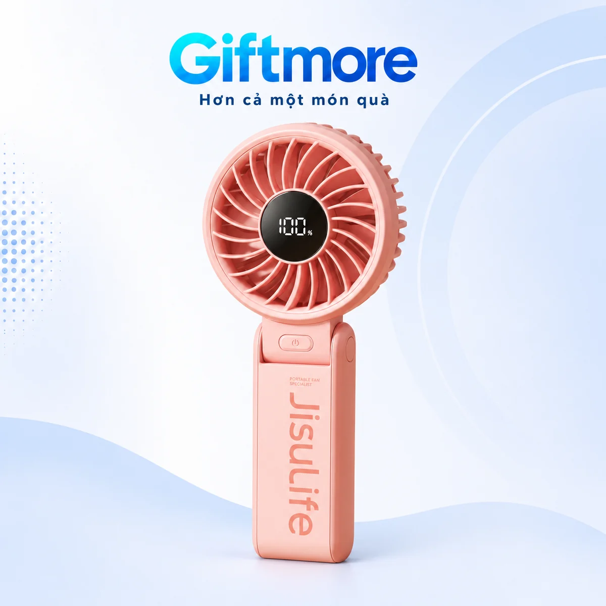 Quạt JISULIFE Life 7 màu hồng, đầu tròn lưới xoắn, màn hình đen và khớp gập trên nền GiftMore