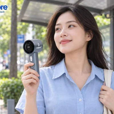Mô phỏng người trưởng thành cầm F13 xám xanh demo KAIO khi chờ xe dưới mái che