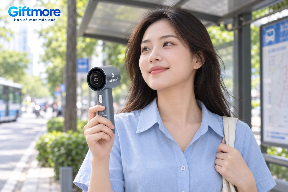 Mô phỏng người trưởng thành cầm F13 xám xanh demo KAIO khi chờ xe dưới mái che
