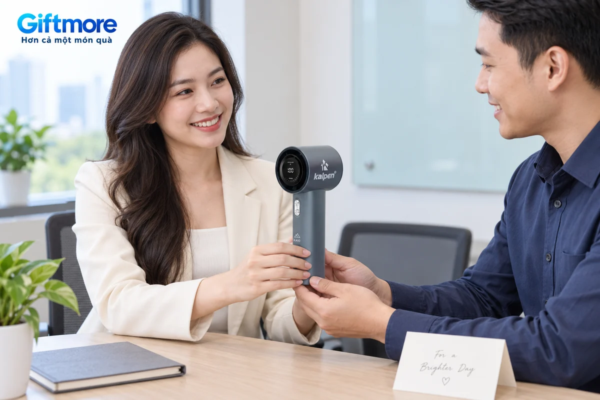 Mô phỏng trao quạt Kalpen F13 xám xanh demo KAIO tại văn phòng