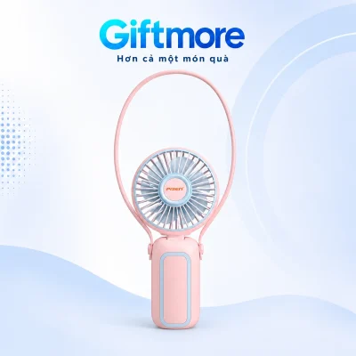 Quạt PISEN Kitty TP-F15 hồng phối xanh, đầu tròn và vòng dây đeo trên nền GiftMore