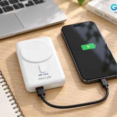 Mô phỏng AKUS DP123 demo VEO sạc điện thoại bằng cáp rời qua cổng USB-A ở bàn làm việc