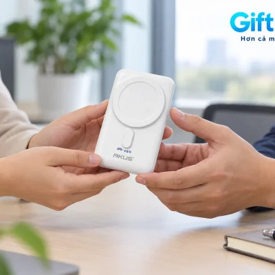 Mô phỏng trao một chiếc AKUS DP123 trắng demo VEO giữa hai người tại bàn phòng họp