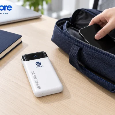 Mô phỏng AKUS DP136 trắng demo VIORA cạnh túi đi làm, sổ và điện thoại đang được cất vào túi