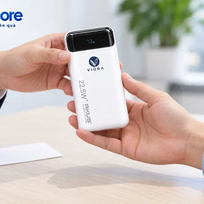Mô phỏng hai người trao một chiếc AKUS DP136 trắng demo VIORA tại bàn làm việc