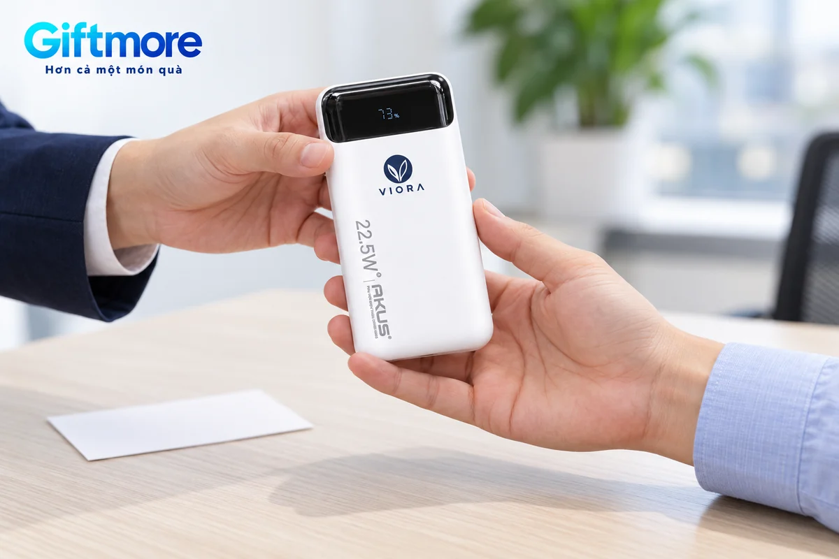 Mô phỏng hai người trao một chiếc AKUS DP136 trắng demo VIORA tại bàn làm việc