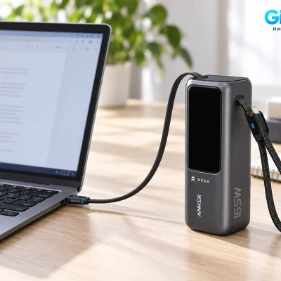 Mô phỏng Anker A1695 demo NEXA kết nối laptop USB-C bằng dây rút từ mặt trên tại bàn làm việc