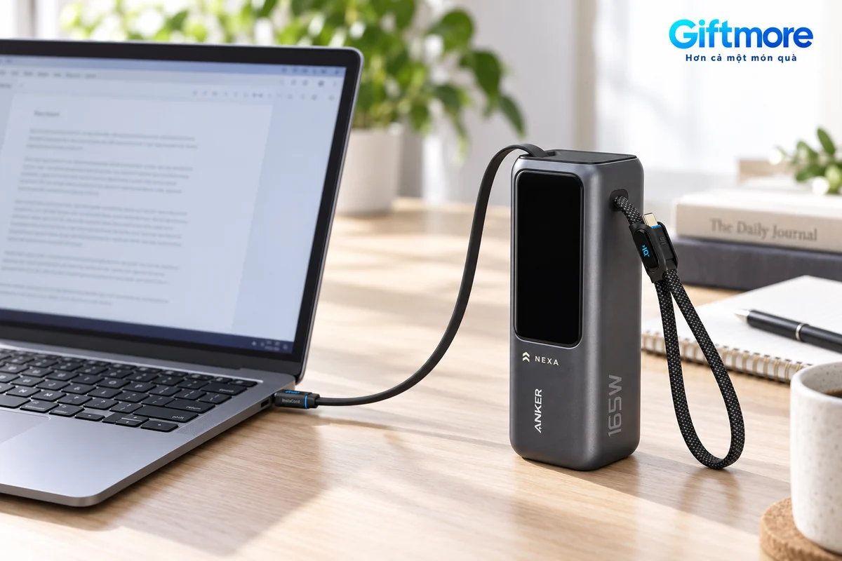 Mô phỏng Anker A1695 demo NEXA kết nối laptop USB-C bằng dây rút từ mặt trên tại bàn làm việc