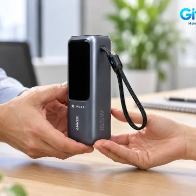 Mô phỏng hai người trao một chiếc Anker A1695 màu tối demo NEXA tại bàn họp