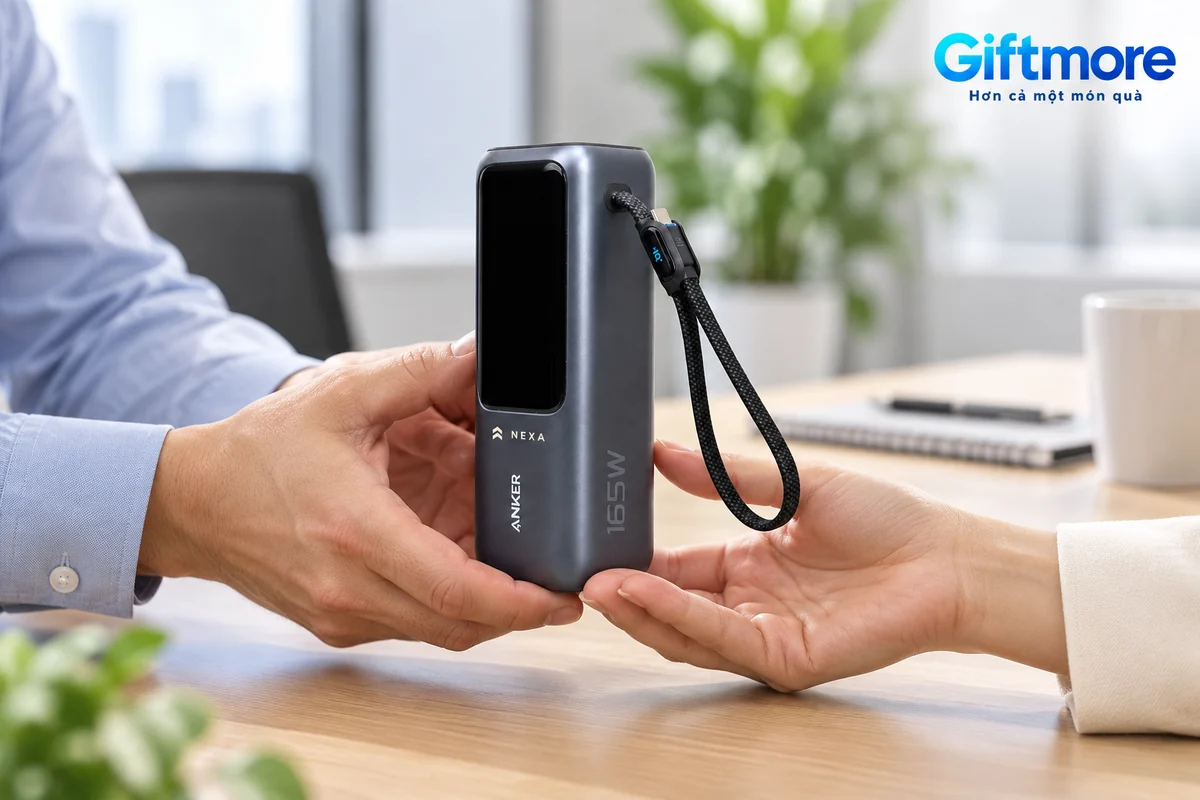 Mô phỏng hai người trao một chiếc Anker A1695 màu tối demo NEXA tại bàn họp