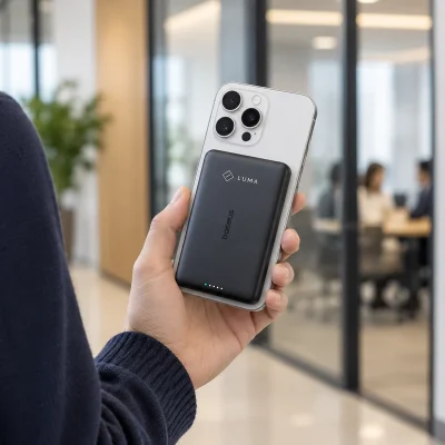 Mô phỏng Baseus PicoGo AM41 đen demo LUMA gắn sau điện thoại được cầm giữa các phòng họp