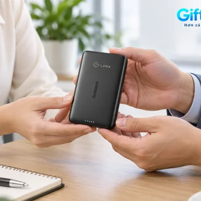 Mô phỏng trao một chiếc Baseus PicoGo AM41 đen demo LUMA giữa hai người tại bàn họp