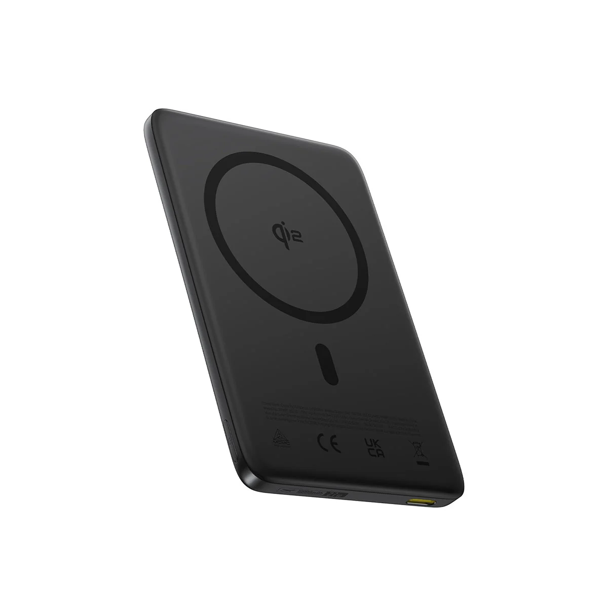 Tư liệu mặt vòng từ Baseus PicoGo AM41 đen có ký hiệu Qi2, nút bên hông và cổng USB-C ở cạnh đáy