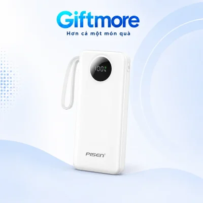 Sạc dự phòng PISEN TP-D099 trắng với màn hình tròn, dây đeo và nhãn PISEN trên nền GiftMore