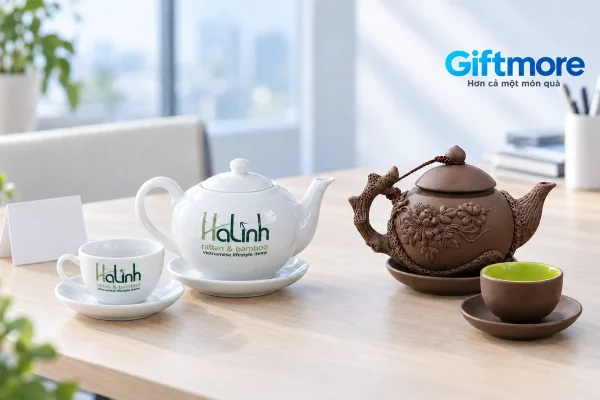 Mẫu ấm chén trắng HaLinh và mẫu nâu hoa nổi với lòng chén xanh theo ảnh thật