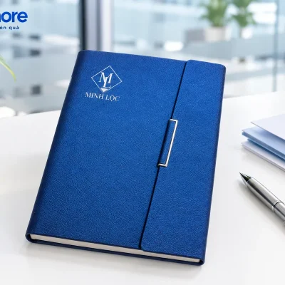Mô phỏng sổ còng xanh bìa gập chéo đặt cạnh hồ sơ và bút trước buổi làm việc