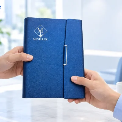 Mô phỏng trao sổ còng bìa gập chéo xanh dương với logo demo MINH LỘC