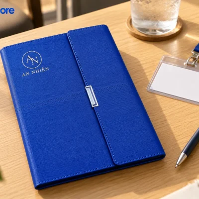 Mô phỏng sổ còng PU xanh cobalt đóng bìa đặt cạnh thẻ tham dự và bút trước buổi đào tạo
