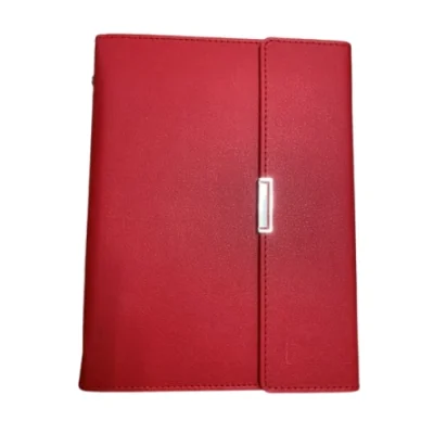 Ảnh catalogue sổ còng PU màu đỏ bìa gập thẳng có viền chỉ và chi tiết kim loại dọc