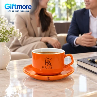 Tách Capuchino men cam 250ml kèm đĩa in logo – dùng tách cà phê tại bàn tiếp khách