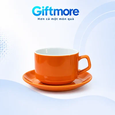 Tách Capuchino men cam 250ml kèm đĩa in logo – xem đầy đủ tách và đĩa men cam