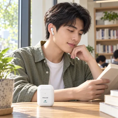 Mô phỏng dùng tai nghe AKUS A2 khi đọc sách cạnh cửa sổ