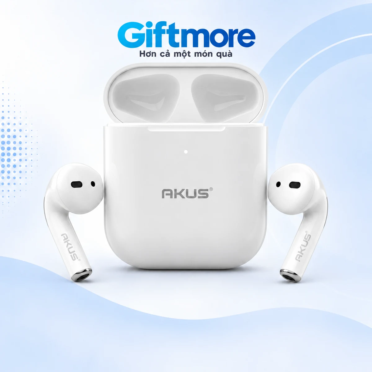 Tai nghe AKUS A2 trắng thân dài cùng hộp mở trên nền GiftMore