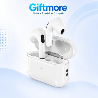 Tai nghe AKUS A9 trắng và hộp ngang mở trên nền GiftMore