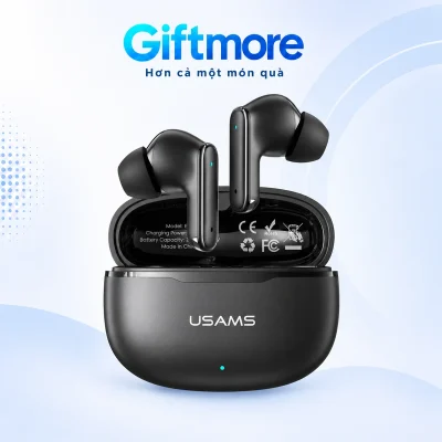 Tai nghe USAMS Echo E05 đen và hộp mở trên nền GiftMore