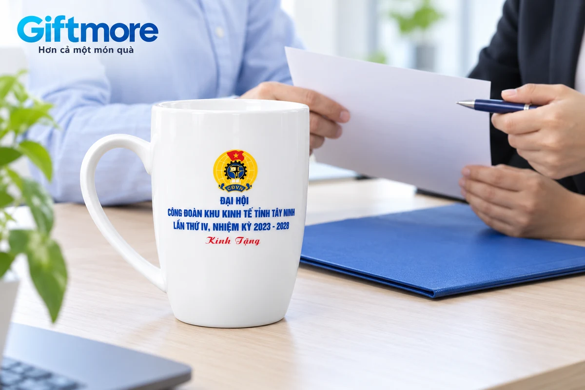 Hai người trao đổi hồ sơ cạnh cốc trắng in logo công đoàn