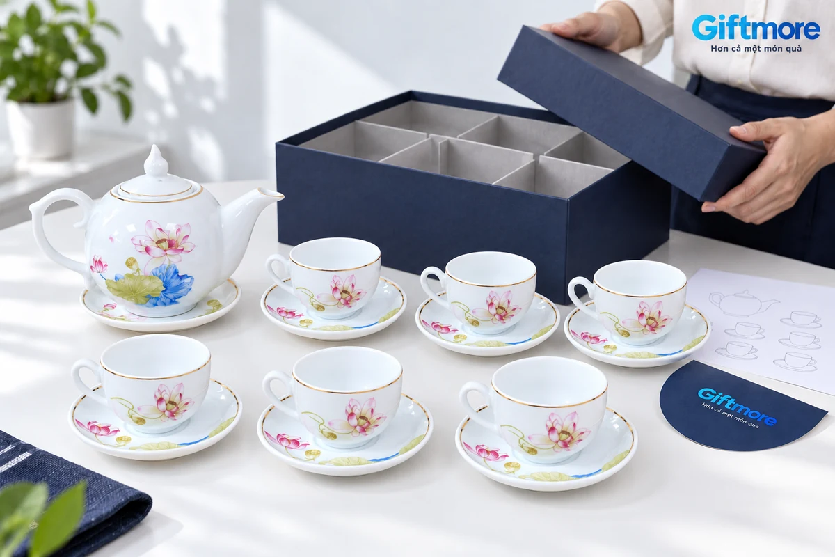 Một ấm và sáu chén hoa sen đặt riêng trước hộp đang thử bố trí