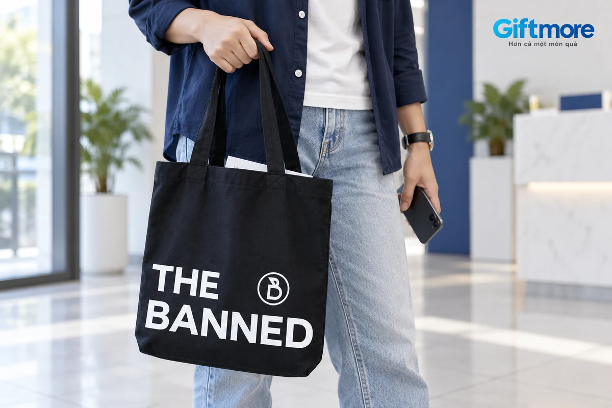 Người cầm túi đen in THE BANNED cùng tài liệu, tay kia giữ điện thoại