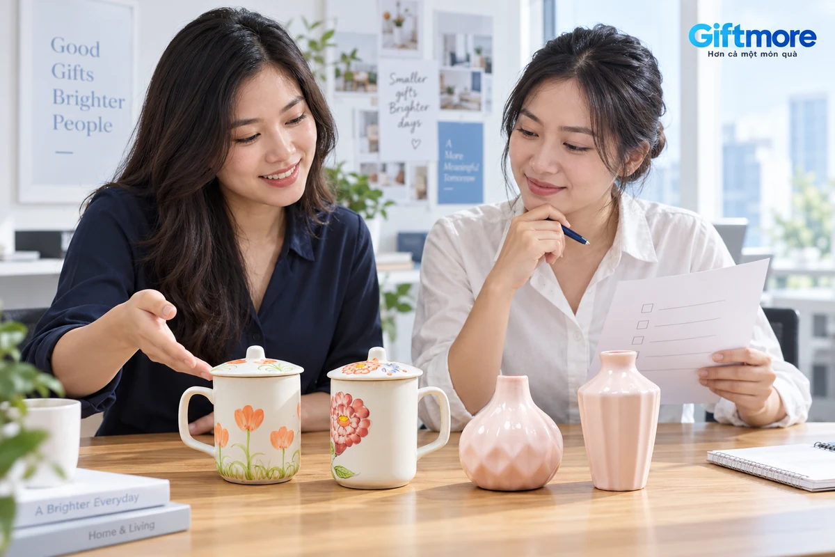 Hai người trao đổi lựa chọn bên cốc có nắp và hai dáng lọ hoa hồng