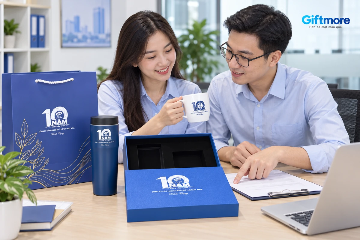 Hai người xem ly sứ MHA cạnh bình navy, hộp mở và phiếu trống